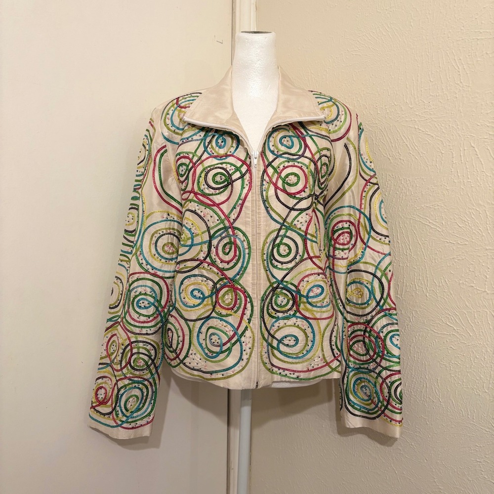 Anage Vtg 100% Silk Beaded Embroidered Rainbow Swirl Zip Up Retro Womens Jacket